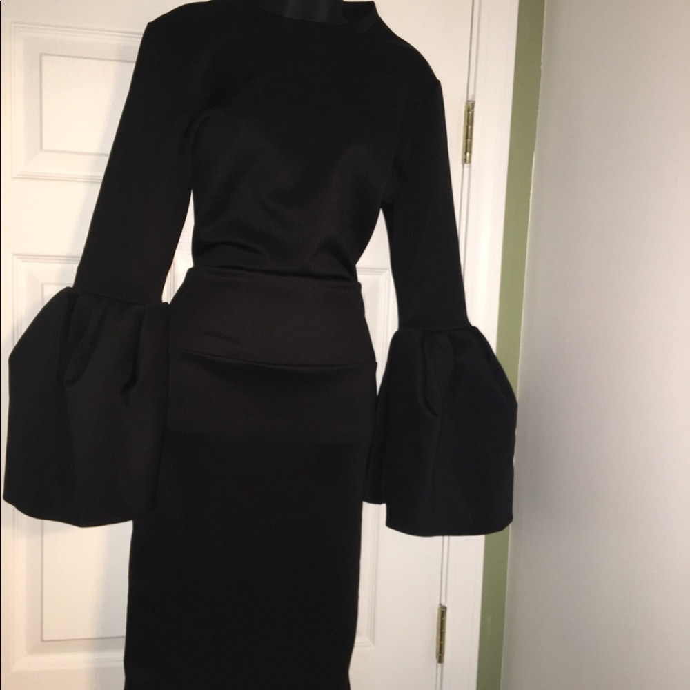 Black pencil skirt with black funnel sleeved top.
